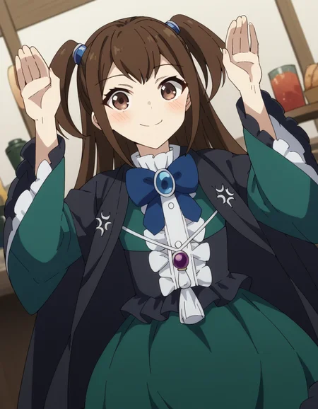 score_9, score_8_up, score_7_up, source_anime, <lora:kizuna-kazayama-s2-ponyxl-lora-nochekaiser:1>, kizuna kazayama, long hair, brown hair, brown eyes, two side up,, long sleeves, dress, bow, frills, wide sleeves, bowtie, cape, blue bow, brooch, green dress, black cape,, restaurant, tables, food, waiters, guests, smile, <lora:rabbit-pose-ponyxl-lora-nochekaiser:1>, rabbit pose, smile, blush,, looking at viewer, solo,, dutch angle, cowboy shot