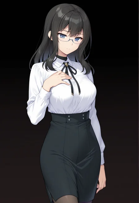 <lora:Sennyuu_Sousakan_Kirika_ill_v1.1:0.8>,kirika,black hair,long hair,dark blue eyes,medium breasts,
semi-rimless eyewear,glasses,white shirt,collared shirt,black neck ribbon,pencil skirt,pantyhose,
1girl,solo,
standing,hand on own chest,
dark theme,
BREAK, textless version,