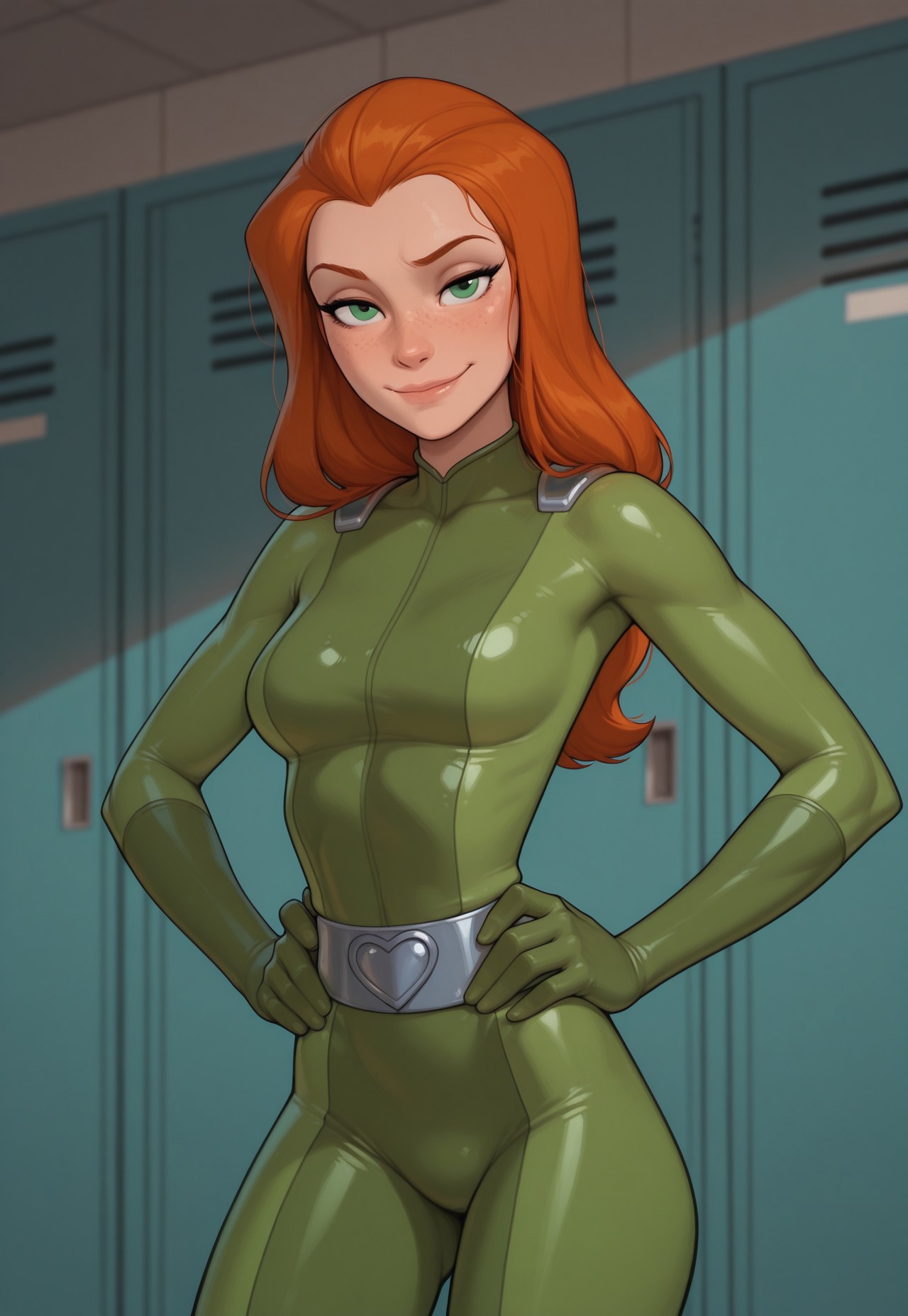 masterpiece, best quality, amazing quality, very aesthetic, DISNEY_ANIMATION, incoth, (incase:0.6), adult, female, solo, (depth of field), locker room

Sam_totally_spies, orange hair, long hair, fair skin, cute face, freckles, green eyes, medium breasts, toned body, slender

Green bodysuit

Hands on hips, soft smile, confident, happy, looking at viewer