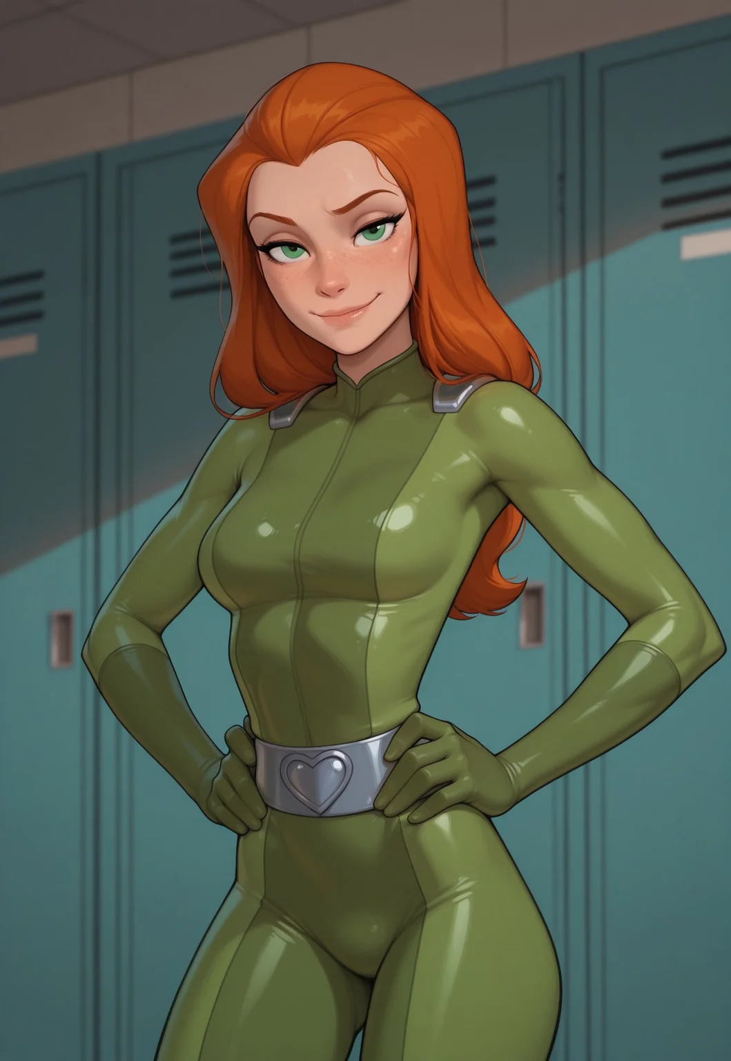 masterpiece, best quality, amazing quality, very aesthetic, DISNEY_ANIMATION, incoth, (incase:0.6), adult, female, solo, (depth of field), locker room
Sam_totally_spies, orange hair, long hair, fair skin, cute face, freckles, green eyes, medium breasts, toned body, slender
Green bodysuit
Hands on hips, soft smile, confident, happy, looking at viewer