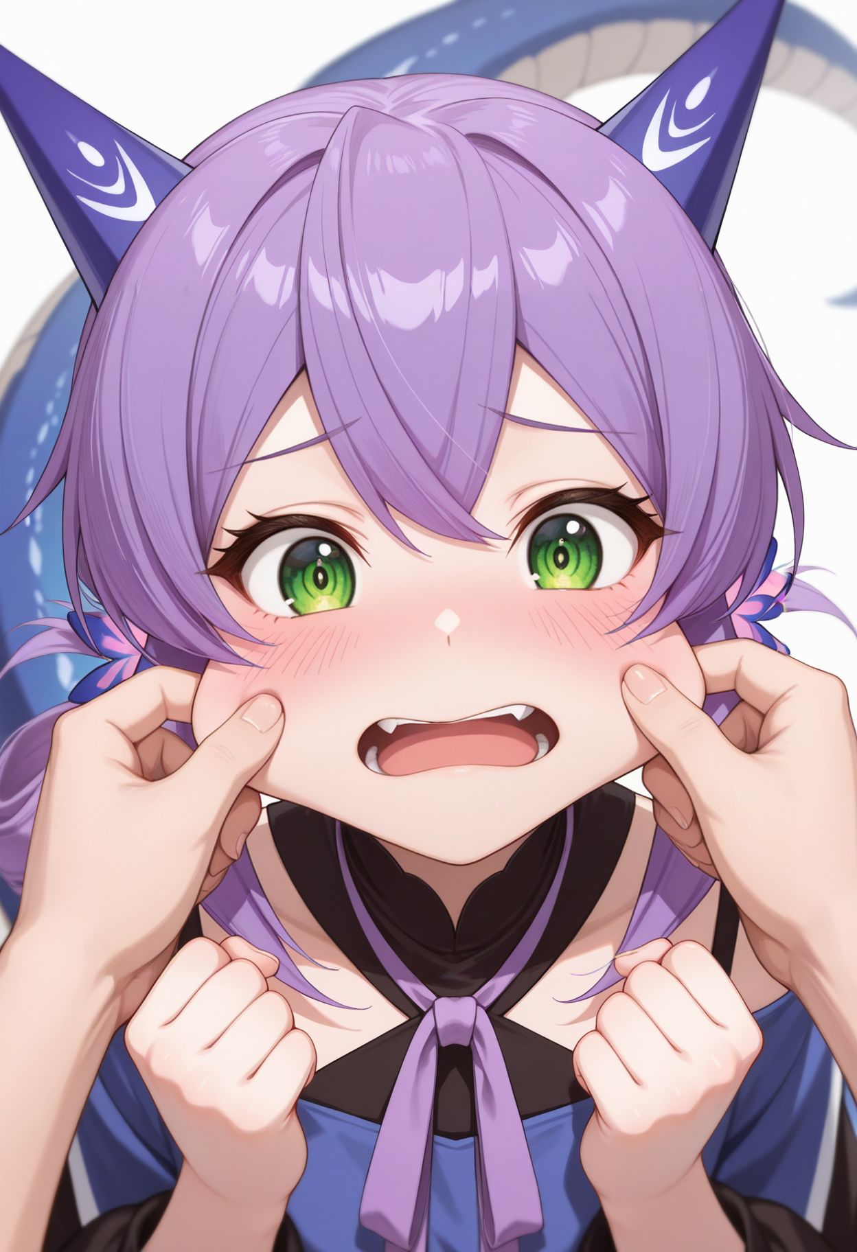 masterpiece,best quality,absurdres,highres,very aesthetic,high quality,detailed,insanely detailed,beautiful,
 <lora:Flatorte illu:1> 1girl, purple hair, long hair, green eyes, hair ornament, dragon girl, dragon tail, 
 open mouth, pov hands, cheek pinching, solo focus, long hair, blush, clenched hands, neck ribbon, portrait, hands up,