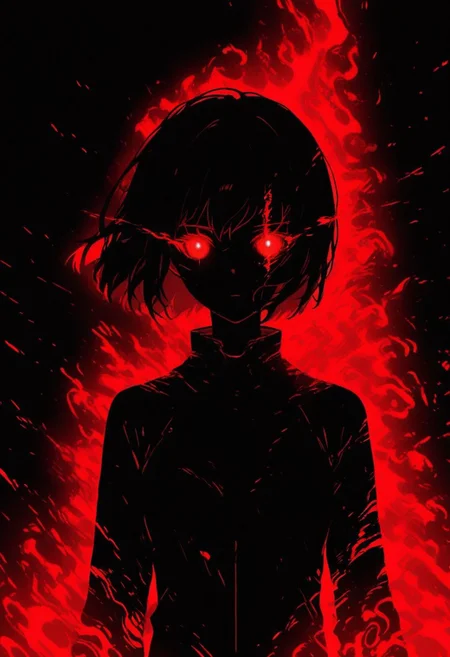 GLTST, Glitch, , glowing, solo, short hair, glowing eyes, 1girl, looking at viewer, fire, black background, red eyes, red theme, burning, upper body