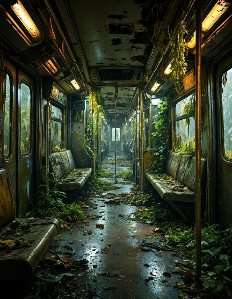 <lora:City_Worlds02_Lost_Operaflux:0.7> cw02lost, cyberpunk, subway, vegetation, dirty, decay, dark, cracked, neons,  gold, baroque, rich room interior, train,