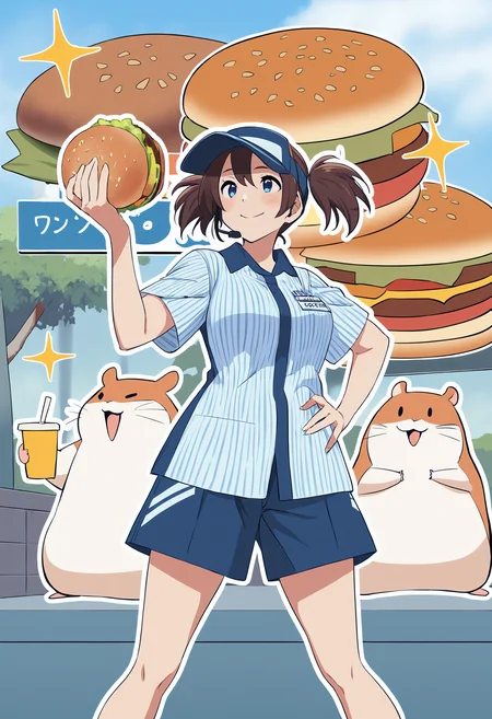 masterpiece, best quality, <lora:age_slider_v4:4>,detailed_background,outdoors,white shirt,burger,tie clip,hand on own hip,white outline,hamster,holding,shisui,short hair,collared shirt,bandaid on leg,headset,socks,smile,food,yellow happi,happi,full body,bandaid,japanese clothes,twintails,blue eyes,hand up,outline,sparkle,blush,blue shorts,holding food,sidelocks,shirt,1girl,striped clothes,visor cap,outdoors,striped shirt,hat,short twintails,employee uniform,shorts,double cheese \(mcdonald&