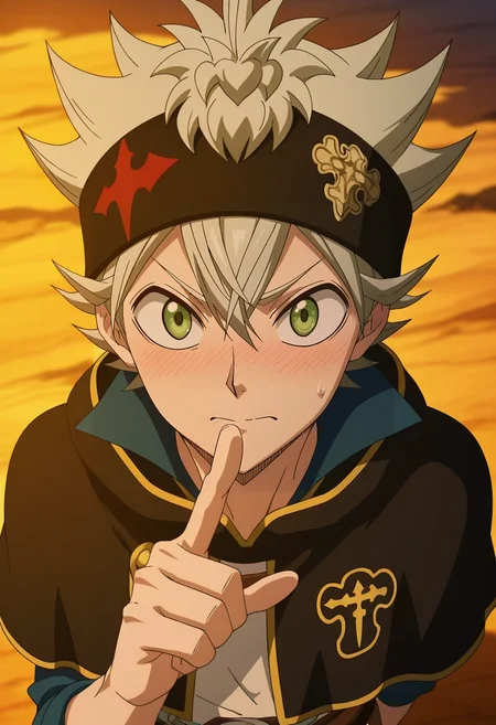 masterpiece, best quality, intricate details, anime screencap, anime coloring, official style, looking at viewer, 1boy, solo, male focus, <lora:asta_black_clover_ilxl:0.94>, asta_black_clover, grey hair, green eyes, short hair, spiked hair, black headband, black capelet, from above, fantasy land, dawn, pointing, shy, blush,