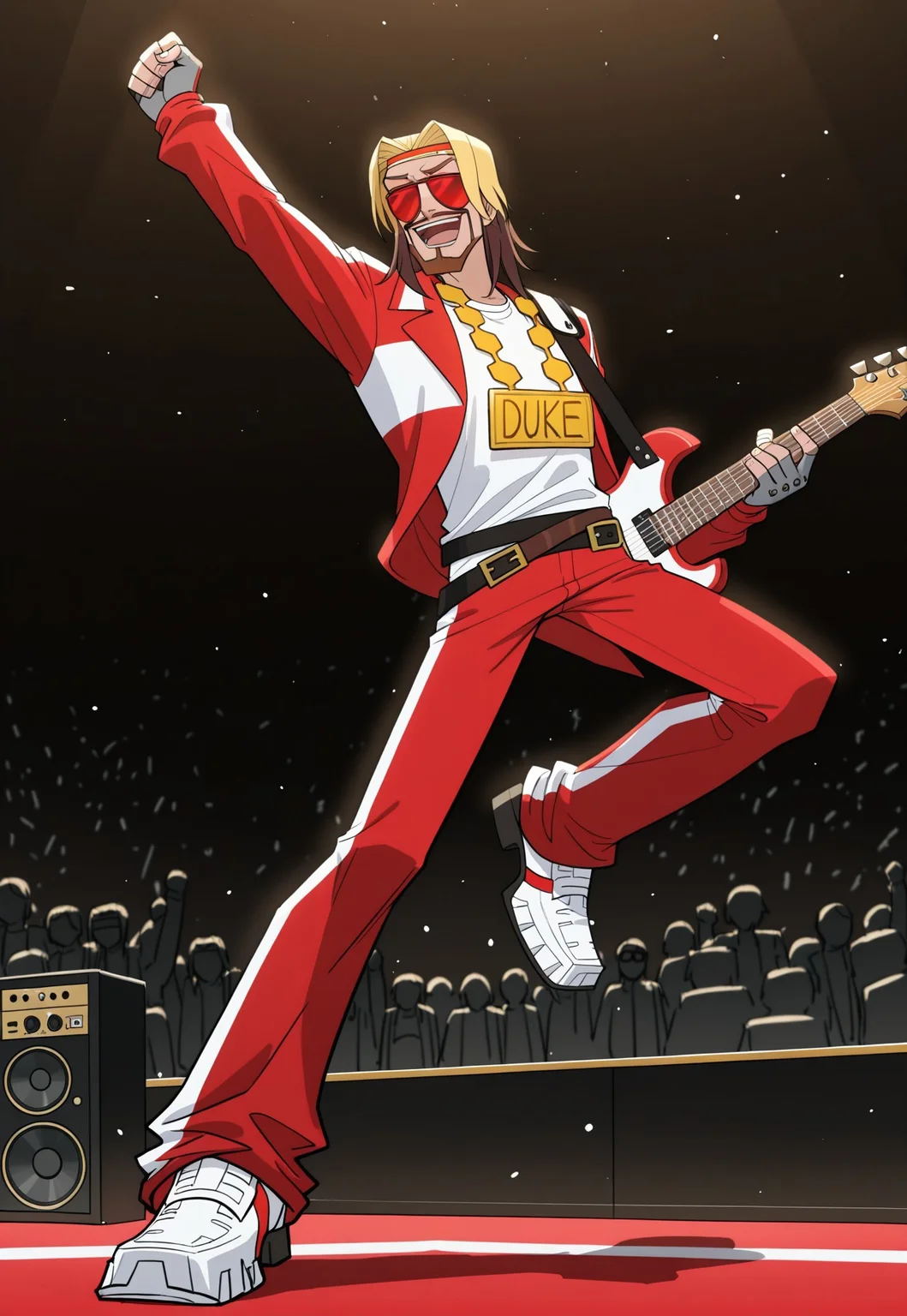 masterpiece, best quality, 1boy, solo, dukemtcy, blonde hair, brown hair, multicolored hair, facial hair, beard with mustache, headband, sunglasses, red-tinted eyewear, bright red tracksuit, black shoulder pad, jacket, huge chain, name on chain, white t-shirt, grey fingerless gloves, belt, pants, white gators, holding guitar, jumping, full body, closed eyes, happy, open mouth, speakers, wide shot, crowd, arm up, playing guitar