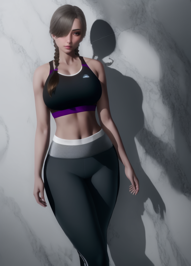 <lora:Etherium-dalia:1>, Etherium-dalia, 1girl, breasts, solo, dark grey hair, navel, medium breasts, standing, shadow, hair over one eye, long hair, median furrow, twin braids, brown eyes, looking at viewer, blush, sports bra, pants,
