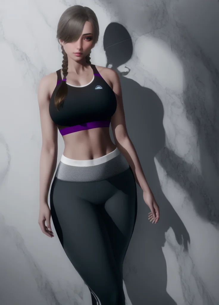 <lora:Etherium-dalia:1>, Etherium-dalia, 1girl, breasts, solo, dark grey hair, navel, medium breasts, standing, shadow, hair over one eye, long hair, median furrow, twin braids, brown eyes, looking at viewer, blush, sports bra, pants,