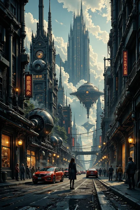 city, street, beautiful misterious futuristic sci-fi cyberpunk landscape, morning, woman, very intricate, very detailed, sharp, colorful, <lora:Hand v2:1> <lora:Anti-Blur:1> <lora:Insane Detail Slider:0.5>  <lora:Flux.1_Turbo_Detailer:0.6> <lora:flux.1_lora_flyway_Epic-detail_v2:0.6> <lora:flux-charmer-v1-1:0.4><lora:Vibrantly_Sharp_style_v.5:0.4> <lora:The_Dark_Side_Of_The_Future:0.7> <lora:Neurocore Anime Cyberpunk v2.0:0.7> A digital artwork in the style of cknc