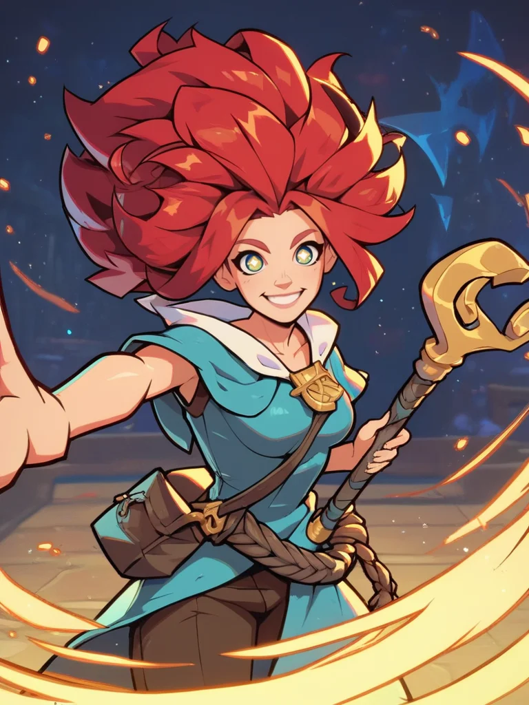 score_9, score_8_up, score_7_up, cute girl, musical note, tunic, magical staff, red hair, big hat, epic pose, light smile, bright pupils, particles around, splash art, pants, looking at viewer, cowboy shot, dynamic pose, smile, cute, wide shot, solo, dutch angle,
<lora:2XKO_style:1>, 2XKO, wide shot,