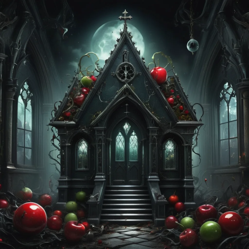 ((realistic,digital art)), (hyper detailed),h4l0w3n5l0w5tyl3DonMD4rk Forgotten Chapel, Esoteric, Crystal Balls, Poison Apple, Eerie Sconces, Wicked, <lora:h4l0w3n5l0w5tyl3DonMD4rk-XLv1.1:1>