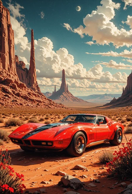 A retro-futuristic vibrant car with sleek, aerodynamic design and bold red color, parked in a vast desert landscape. The setting is bathed in warm, golden sunlight during the late afternoon, casting long shadows over the rocky terrain and dry vegetation. Vibrant red desert flowers and scattered bushes add contrast to the arid, sandy environment. Majestic rock formations rise in the distance under a dramatic sky filled with dynamic, fluffy clouds and a faint moon visible above. Cinematic lighting, high detail, sci-fi aesthetic with a touch of vintage style,