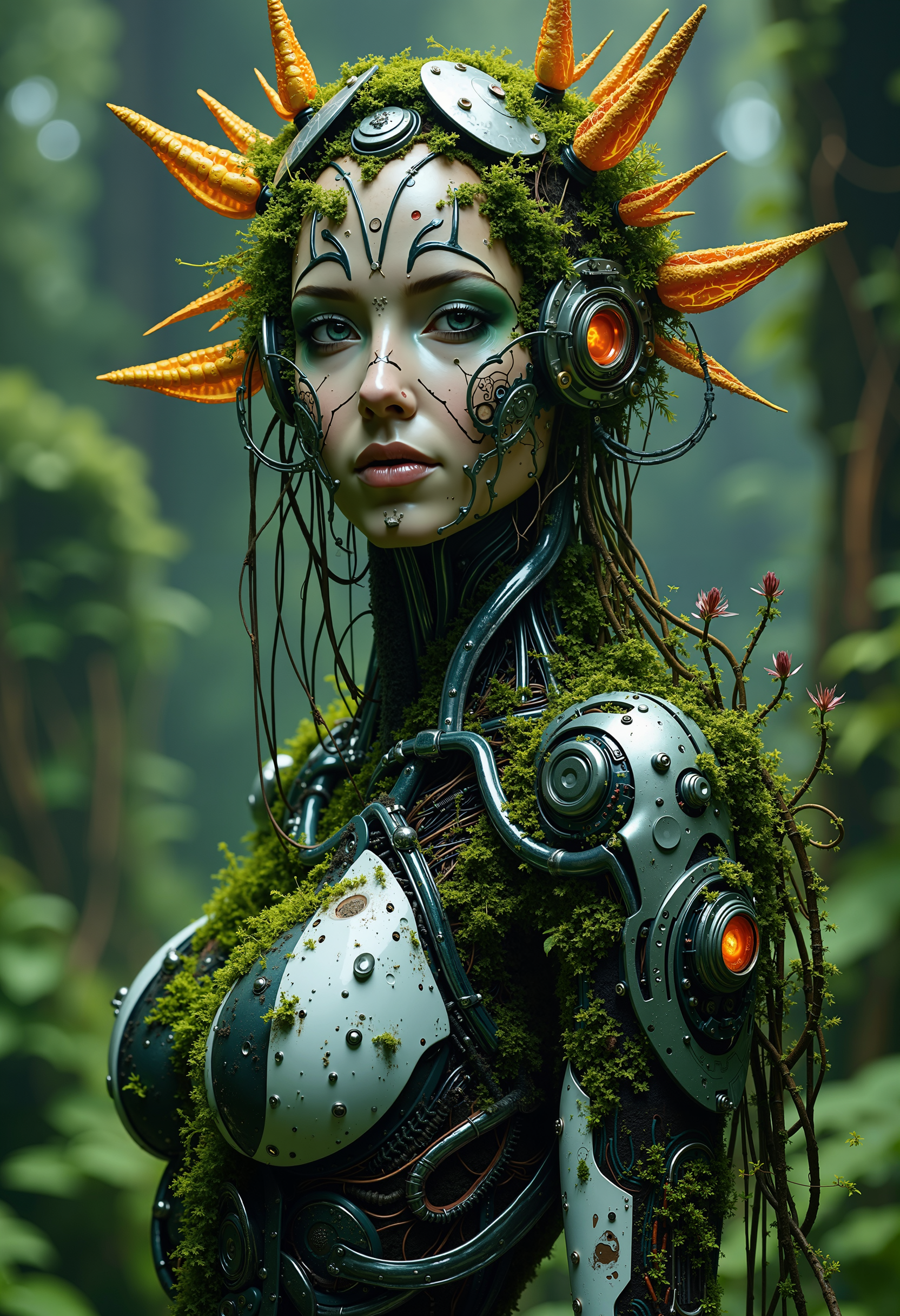 A cyber-enhanced woman with one side of her face covered in moss and microchips, standing in front of a giant, glowing mechanical flower. Her arm is covered in bio-cybernetic implants with roots growing out of them, connecting her to the plants around her. Her expression is calm, embodying the symbiosis of nature and machine. bo-naturepunk, naturecyberpunk, greenpunk<lora:FLUX Naturepunk\bo-naturepunk-000012.safetensors:1.0:1.0>