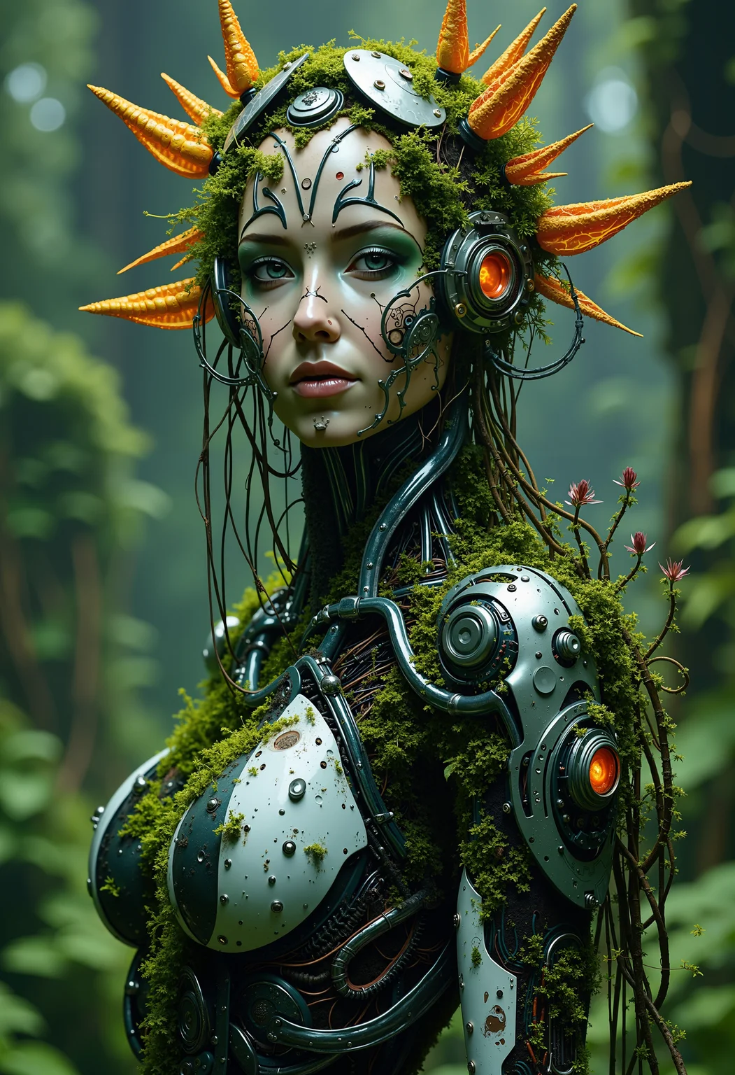 A cyber-enhanced woman with one side of her face covered in moss and microchips, standing in front of a giant, glowing mechanical flower. Her arm is covered in bio-cybernetic implants with roots growing out of them, connecting her to the plants around her. Her expression is calm, embodying the symbiosis of nature and machine. bo-naturepunk, naturecyberpunk, greenpunk<lora:FLUX Naturepunk\bo-naturepunk-000012.safetensors:1.0:1.0>
