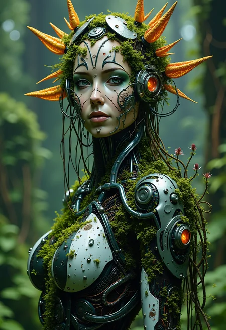 A cyber-enhanced woman with one side of her face covered in moss and microchips, standing in front of a giant, glowing mechanical flower. Her arm is covered in bio-cybernetic implants with roots growing out of them, connecting her to the plants around her. Her expression is calm, embodying the symbiosis of nature and machine. bo-naturepunk, naturecyberpunk, greenpunk<lora:FLUX Naturepunk\bo-naturepunk-000012.safetensors:1.0:1.0>