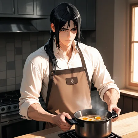 masterpiece, best quality, amazing quality, absurdres, newest, detailed background, definition so sharp, Ultra-HD, 8K cinematic, very awa, impressionate, amazing quality, highres,
solo, male focus, manly,
kurohyatogami, kuroh_black hair, kuroh_black eyes, 1boy, low tied hair, long hair,
cooking, focused expression, apron, kitchen, steaming pot, warm lighting, cozy, caring, calm, cool, inviting, domestic