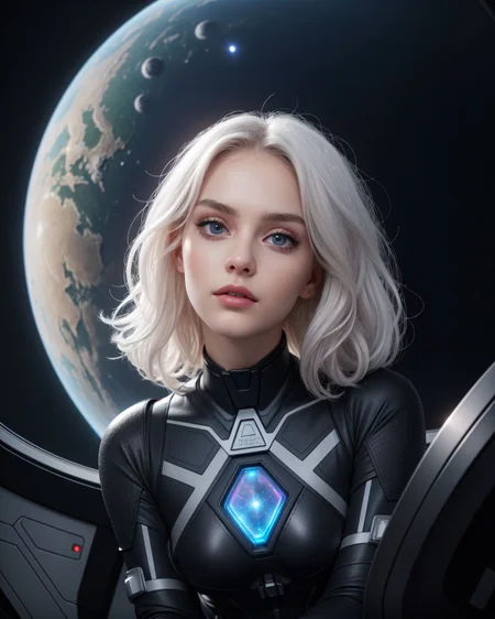 headshot:1.5 of Sn0frid_v2 face, winter theme, (beautiful busty skinny british adult woman sitting in spaceship cockpit looking over shoulder at viewer:1.1), (cute face, over the shoulder:1.05), (movie still:1.05), side view, (spaceship cockpit:1.05), glowing holographic instruments, (beautiful face:1.051), from behind, smart fabric flightsuit:1.05, lightweight structured jacket with sharp geometric lines, utility belt, kneehigh boots, fingerless gloves, (large spaceship cockpit with highly polished flooring and stellar view), backlit hair, perfect face, feminine physique, (pale freckles:0.6), (black and silver accents), perfect eyes, low key, joystick, thin pouting lips, (hair with ombre tips:1.1), wide set soft turquoise eyes, skin pores, (small upturned nose:1.1), (pale skin), supernova, dramatic angle, eyelid shimmer makeup, silver eyeshadow, iridescent cheekbones, muted rose lips, deep space blue, (available light:0.7), BREAK, starlight silver, nebula pink, black hole black, planetary rings, asteroid clusters, geometric shapes, angular contours, Holographic control panels, chiaroscuro effects, reflective surfaces, starfilled skies, distant galaxies, shimmering surfaces, iridescent scifi materials, clean lines, modernistic details