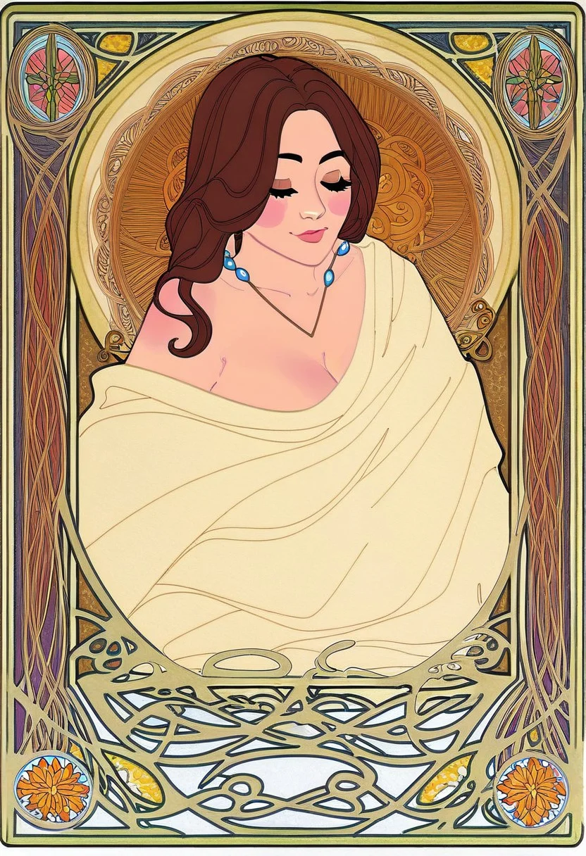 tarot card of the high priestess representing a clearly distinguishable Ava Addams , avall, brown hair, jewelry, medieval drawing, jimf, 1girl, goddess, stylized, art nouveau, celtic ornamental intuitive, unconscious, divine feminine, frame, masterpiece, great art, high quality, best quality, minimalisme, 8k, few colors,