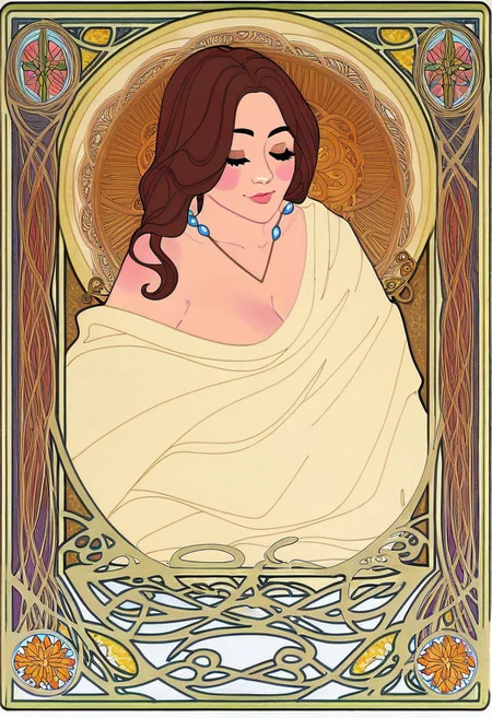 tarot card of the high priestess representing a clearly distinguishable Ava Addams , avall, brown hair, jewelry, medieval drawing, jimf, 1girl, goddess, stylized, art nouveau, celtic ornamental intuitive, unconscious, divine feminine, frame, masterpiece, great art, high quality, best quality, minimalisme, 8k, few colors,