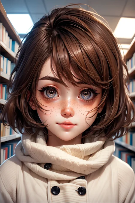 closeup, face, portrait, upper body,
freckles,
shy, blush,
(short brown hair:1.1),
(library:1.1),
(brown eyes:1.2),
cozy, detailed eyes, winter sweater,
<lora:more_details:0.35>
<lora:Cosmic anime-oil fusion v2:0.5>
<lora:AnimeVibesV3:0.5> animevibes,
<lora:3DMM_V11:0.5> 3DMM
<lora:midjourney_20230624181825:0.4> midjourney, shiny, shiny hair, shiny skin, shiny clothes