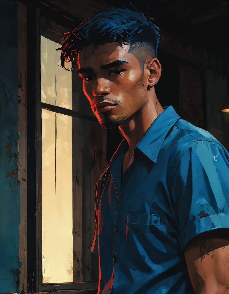hyperrealistic long with low angle dark and gritty impactful paint of a heavy brazilian melancholic male mechanic wearing a montera picona and h&m clothes  looking out the window, short cerulean hair, outside in Cameroon in the afternoon autumn, inspired by futuristic anime, (accent lighting:1.6)<lora:The_Pulp_Session:0.90>