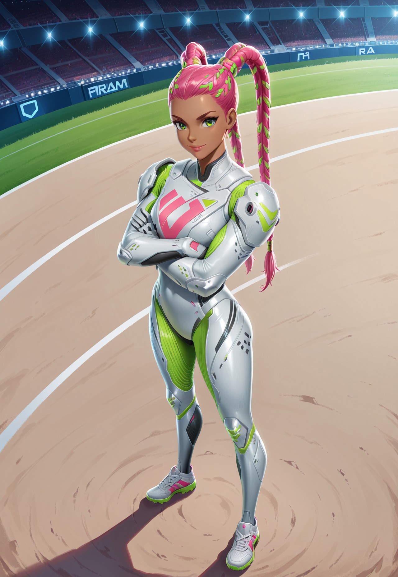 1girl, solo, IconicaPrimeF, dark-skinned female, pink hair, dreadlocks, long hair, twintails, green eyes, bodysuit, armor, sneakers, standing, full body, smile, crossed arms, stadium, outdoor, from above, looking at viewer, lips, 

absurdres, masterpiece, best quality, very aesthetic, anime, 