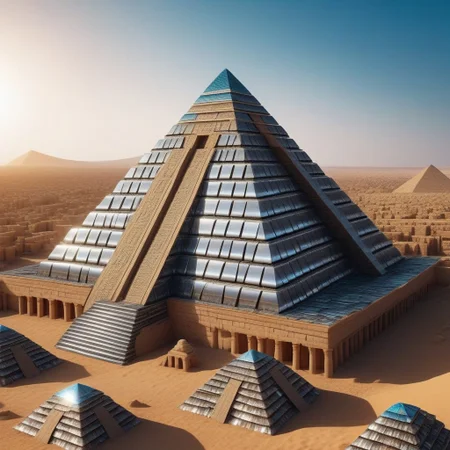 cinematic photo ancient Egyptian city made of cd's, ancient temple columns made of cd's, pyramid made of cd's, professional, 4k, highly detailed,