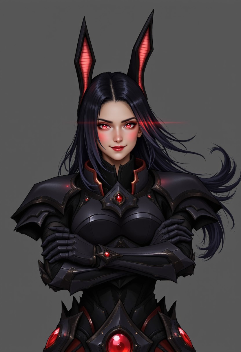 An korean woman wearing Alarak's iconic black spiked armor, she's smiling and has his arms crossed, as if she was in a stock photo