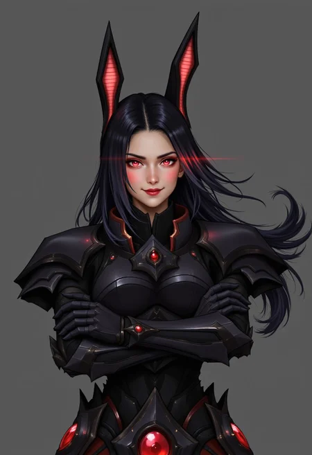 An korean woman wearing Alarak's iconic black spiked armor, she's smiling and has his arms crossed, as if she was in a stock photo