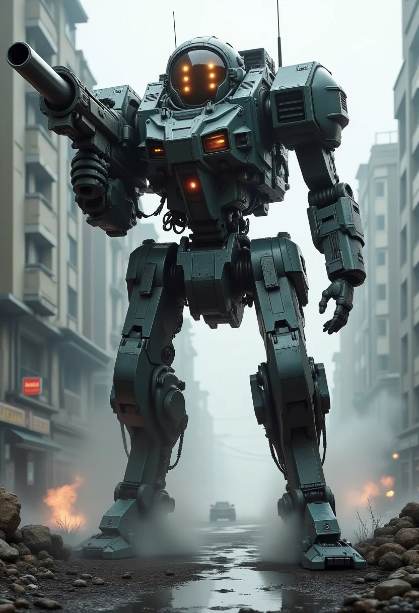 masterpiece, high detail, a giant gundam mechwarrior aiming at viewer holding a rocket launcher, in a sci-fi battle on a futuristic cyberpunk city street, smoke, ruins, armored vehicles. highest definition, HD32K, wallpaper, hyperdetailed, concept art, extreme closeup, side profile