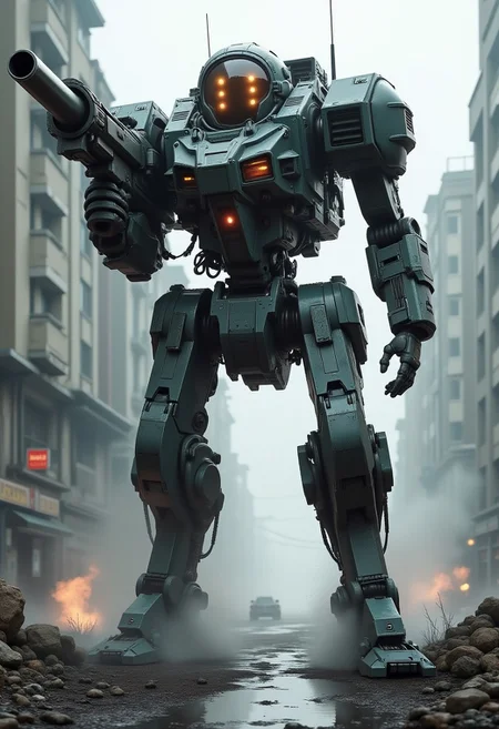 masterpiece, high detail, a giant gundam mechwarrior aiming at viewer holding a rocket launcher, in a sci-fi battle on a futuristic cyberpunk city street, smoke, ruins, armored vehicles. highest definition, HD32K, wallpaper, hyperdetailed, concept art, extreme closeup, side profile