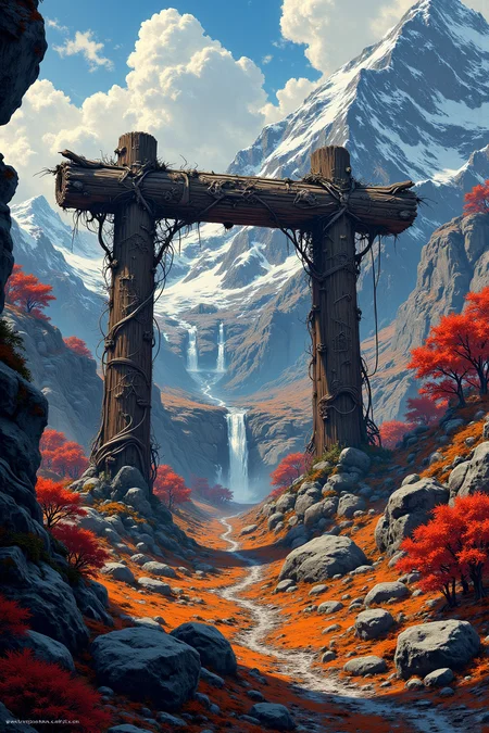 YFG-Aarchy, Illustration style, vibrant autumnal landscape with a giant wooden frame in the foreground, snow-capped mountains in the with intricate textures and vibrant colors. The scene should include a rich variety of elements, each contributing to the overall atmosphere. Lighting should be soft, diffused, and natural, enhancing the depth and realism of the scene. The mood is to be calm yet vibrant, creating a sense of serenity and wonder. Every detail in the scene should be meticulously rendered, emphasizing the contrast between light and shadow, and capturing the fine textures and subtle gradients. The color palette should be carefully chosen to evoke emotion, with each hue enhancing the aesthetic appeal of the overall composition. The final image should be immersive and captivating, drawing the viewer into its intricately detailed world.