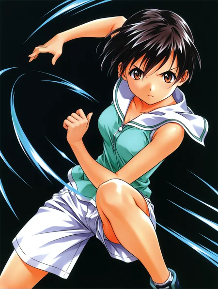 masterpiece,best quality,newest,
1girl,solo,
<lora:h_akemi_ilxl_v1:1>,h_akemi,black hair,brown eyes,a_clothes,
<lora:Fixhands_anime_bdsqlsz_V1:1>,looking at viewer,(motion_blur:1.3),(motion line:1.2),(speed_lines:1.1),fighting_stance,standing,aura effect,knee_up,serious,