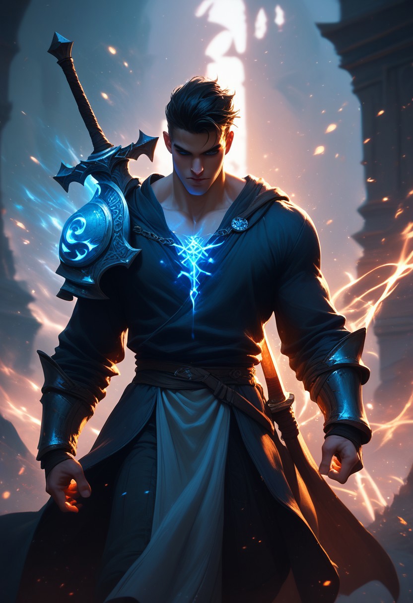 score_9,score_8_up,score_7_up, warrior holding a sword with glowing runes, glowing sword, magical glowing aura, epic battle scene, high-fantasy realm.