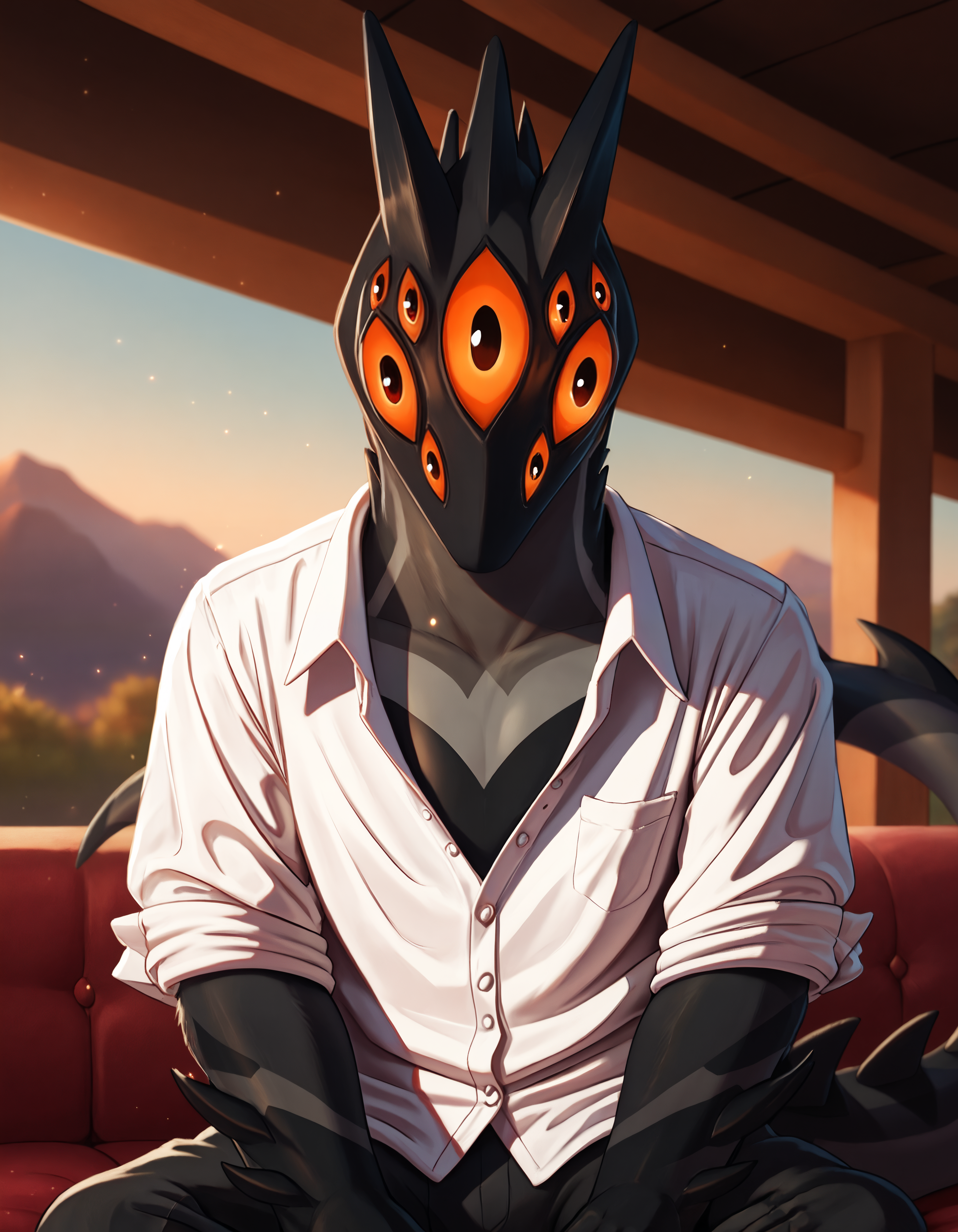 score_9, score_8_up, score_7_up BREAK rating_safe, source_furry, detailed, depth of field, detailed background, cinematic lighting, particles, decals, masterpiece, (best quality, high quality, 8K:1.5), <lora:sinfully_stylish_SDXL.safetensors:0.95>,  embedding:zPDXL3, anthro, <lora:add-detail-xl.safetensors:2.5>, <lora:Jerry_Creatures_Of_Sonaria.safetensors:0.95>, j3rry_cos, anthro, furry, 1boy, extra eyes, no humans, solo, claws, red eyes, smile, cute, looking at viewer, tail, two-tone body, black body, grey body, solo, clothes, white shirt,  (close up, close-up, sitting , determined, the mount rushmore grassland:1.15)