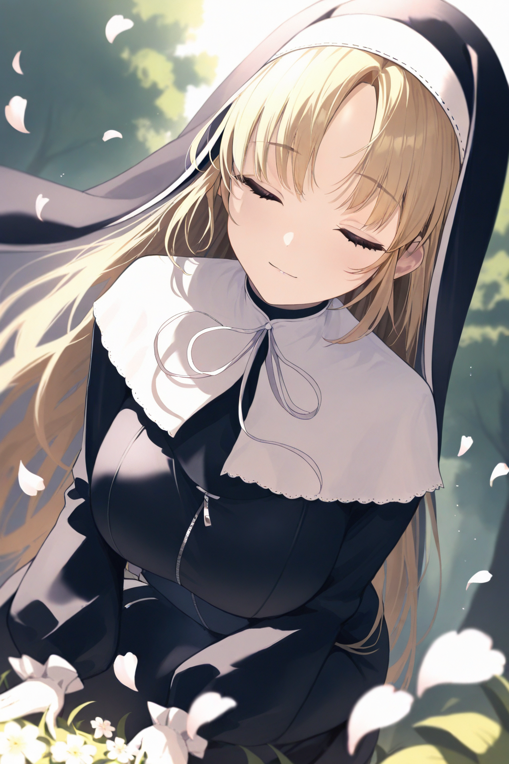 masterpiece, high score, great score, absurdres,
sunlight, high contrast, depth of field,
1girl, solo, dutch angle, upper body,
sister claire,
sister claire 1st costume,
long hair, blonde hair, straight hair, parted bangs, eyelashes, 
light smile, closed eyes,
virtual youtuber, nun, habit, high collar, white capelet, neck ribbon, 
squatting down,
breasts,
long sleeves, white gloves,
full-length zipper,
spring, outdoors, (petals:1.3), wind,
<lora:kp_SisterClaireAnimagineXL_v1:1.0>