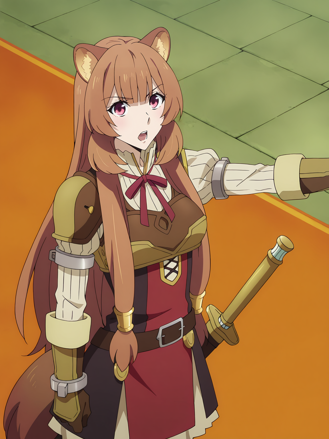 <lora:Raphtalia:0.8>, raphtalia, tate no yuusha no nariagari, 1girl, solo, red eyes, long brown hair, twintails, raccoon ears, raccoon tail, white pleated shirt, long puffy sleeves, red ribbon, red dress, metal armlet, asymmetrical leather pauldrons, elbow leather gloves, leather breastplate, metal bracelets, brown belt, sheathed sword, serious, open mouth, teeth, frown, standing, outstretched arm, arm at side, cowboy shot, looking at viewer, indoors, green pavement, orange carpet