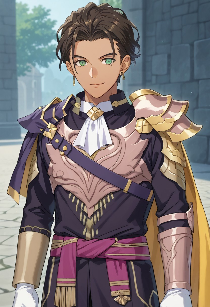 masterpiece,best quality,amazing quality, source_anime,
ClaudeVonRiegan, ClaudeVonRiegan, 1boy, male focus, solo, green eyes, brown hair, short hair, dark-skinned male, jewelry, earrings, ascot, white ascot, shoulder armor, cape, tunic, black and gold tunic, white gloves, purple sash, black pants, smile,