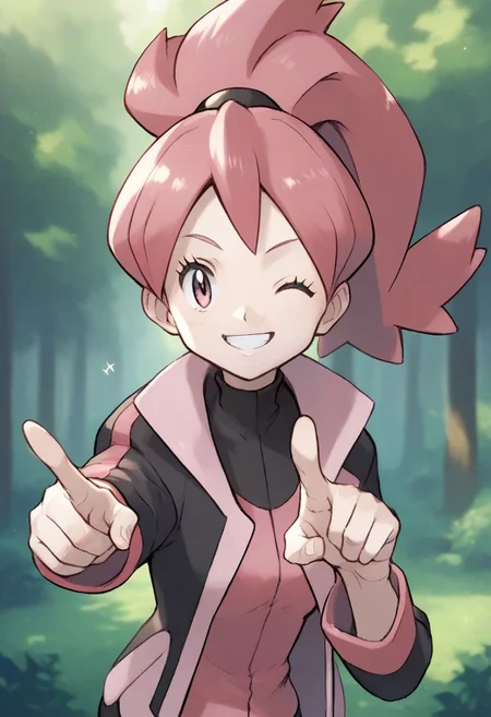 (source_anime, score_9, score_8_up, score_7_up:1), pokemon, 1girl, solo, pink hair, ponytail, pointing at viewer, looking at viewer, smile, winking, jacket, cute, outdoors, forest