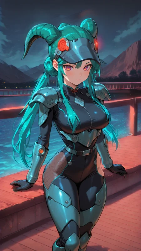 IllusP0s_1097608, illu//
 IllusP0s_1097608,  (masterpiece), (best quality), (ultra-detailed), amazing quality, very aesthetic, illustration, perfect composition, intricate details, absurdres, incredibly absurdres, BREAK,hot attractive 1 girl,large breasts,
on a bridge, From a bird's-eye view, capturing the entirety from above,ambient lighting,, thick thighs, 
 dragon scale shoulder armor,   long fishnet legwear,  <lora:fixed_perspective:1> fixedpoint <lora:NSFWFilter_illusXL_Incrs_v1:-1>,,general,    BREAK
 <lora:Dark_Fantasy_Yugioh:0.81> dark_fantasy_yugi_GO 
 <lora:Snake_Man_-_Megaman_3_-_ILXL:0.9> mm3_snake, android, snake helmet, red eyes, armor,hip vent, 
 <lora:[Nisego] No More Sidekick (Kim Possible) Comic Style Illustrious_1430716:0.8> nomoresidekickil  <lora:Mechanism-Illustious:0.8> mcnm <lora:mage_armor:0.8> mage armor, she has long hair,hair censor,(spiked hair:1.2),twintails,
aqua hair,
quad tails, BREAK,