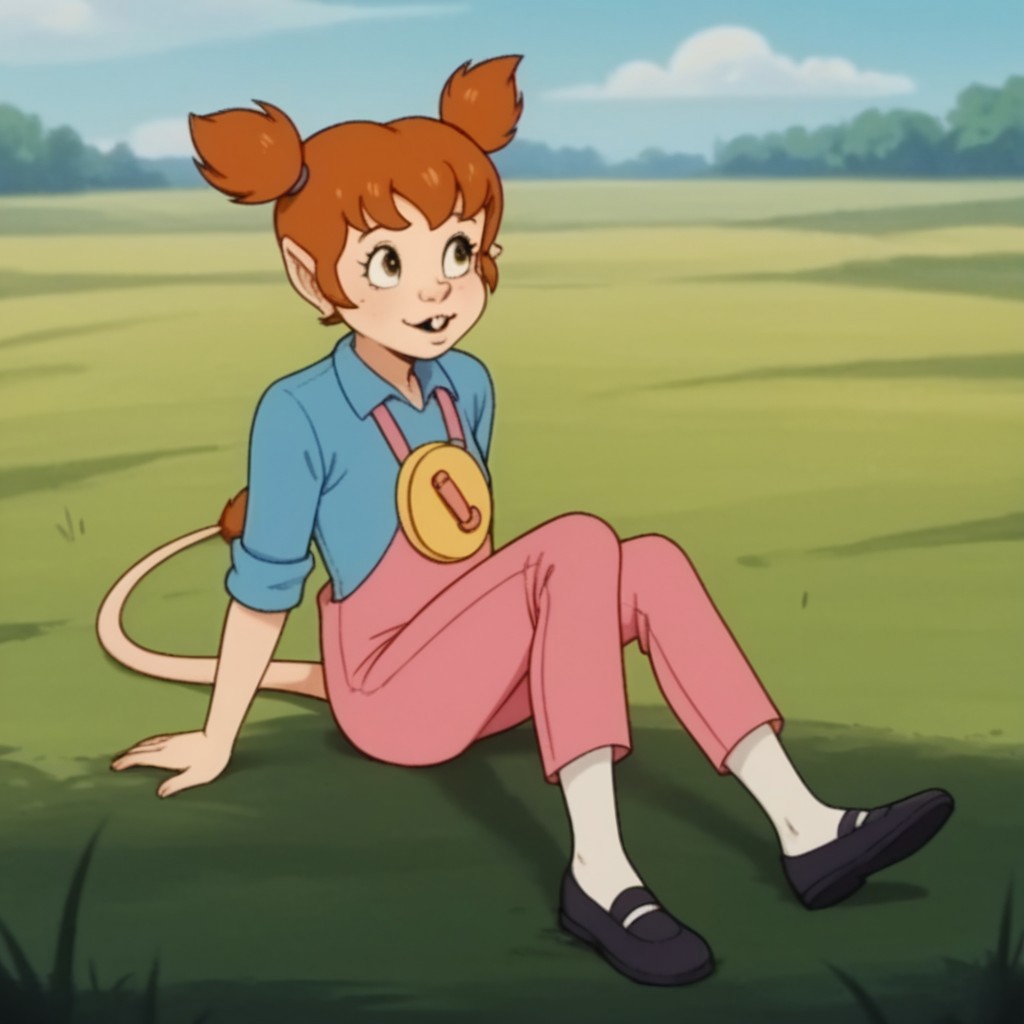 score_9, score_8_up, score_7_up, score_6_up, score_5_up, score_4_up, source_furry, lucytl, Kemonomimi, female, red hair, mouse tail, tail tuft, buck teeth, mouse ears, short twintails, pink overalls, blue shirt, shoes, socks, sitting, in a field