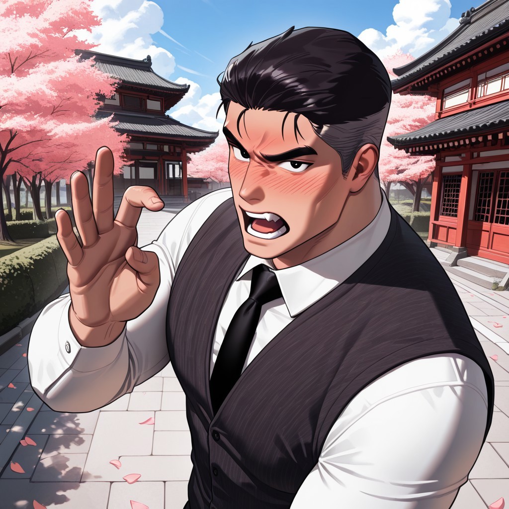 masterpiece, best quality, amazing quality, absurdres, newest, detailed background, definition so sharp, Ultra-HD, 8K cinematic, very awa, impressionate, amazing quality, highres, 
solo, male focus, manly, mature male, bara, 
outdoor, sakura tree, flowing flower petal, windy, road, depth_of_field, chinese background, architecture, east asia architecture, bushes, focus on landscape, fisheye, day, blue sky, cloud
kangjungman, kangjungman_black hair, kangjungman_grey side hair, kangjungman_black eyes, 1boy, short hair, cheekbones, shirt, black tie, black vest, looking at viewer, showing gesture, angry, open mouth, blushing