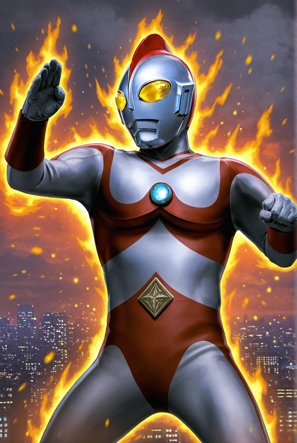 score_9,score_8_up,score_7_up,male focus,ultra-detailed,high resolution,digital painting,8k,1boy,solo,cowboy shot,male focus,detailed face,tokusatsu,alien,yellow eyes,no humans,bodysuit,helmet,2d,flat,fighting stance, fire,cityscape,giant,<lora:add-detail-xl:1>,<lora:Ultraman 80:0.7>,ultraman  80,<lora:League_of_Legends__illustrious-XL:0.7>,