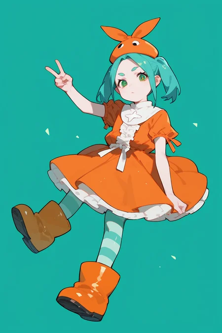 (score_9,score_8_up,score_7_up,),<lora:funaimu:1>,1girl,striped,striped pantyhose,green eyes,twintails,aqua hair,hat,short hair,rubber boots,simple background,v,orange dress,