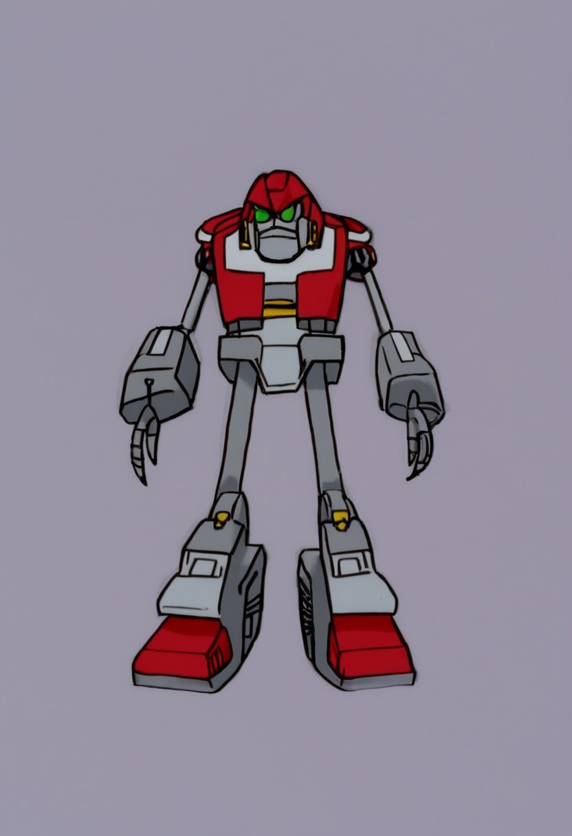 MetalKnuckles, 1boy, robot, mecha, red body, round head, medium-long metallic gray muzzle, pointy gray nose, green eyes, black sclera, colored sclera, five long strips of red metal with joints. white intake tips extending downward from the sides and back of head, red ellipsoid torso, rectangular intake with a white rim on chest, rocket exhaust on rear, gray upper arms, red forearms, long and thick paws with two gray and sharp claws for fingers, white rims around the claws, yellow circles on the back of the paws, gray upper legs, red lower legs, red shoes, green cuffs, yellow stripes across the middle, dark gray soles, and bolted gray plates on top of feet, solo, full body, Transformers, Animation, <lora:Transformers 86 FT:1>