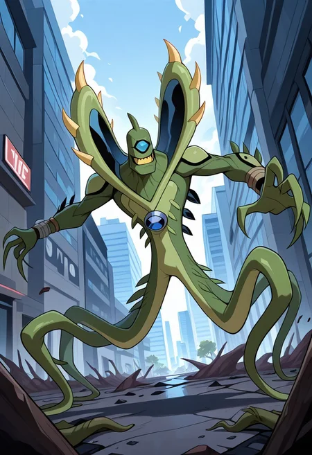 , masterpiece, best quality, amazing quality, very aesthetic, absurdres, newest,
wildvine, solo, green skin, alien, monster, one eye, blue eye, green skin, , spikes, claws, yellow teeth, big smile,, no hair, 1boy, digimon, 
 dynamic pose, green tentacles, in city, tentacle legs, broken ground, rooted, plant character, day time, floating cars,