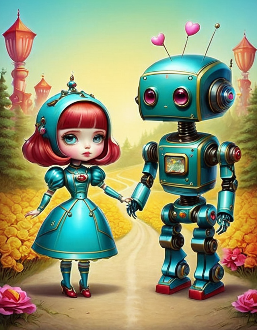 Pop Art style <lora:CivitAI_ALL:1> CivitAI Fusion Style,a girl and a robot standing next to each other, beeple and jeremiah ketner, love death robot, cute humanoid robot, robot girl, mark ryden style, little girl meets robot, adorable friendly robot, cute robot, woman and robot, by Jason Teraoka, mark ryden highly detailed, perfect android girl family, style of mark ryden . Bright colors, bold outlines, popular culture themes, ironic or kitsch