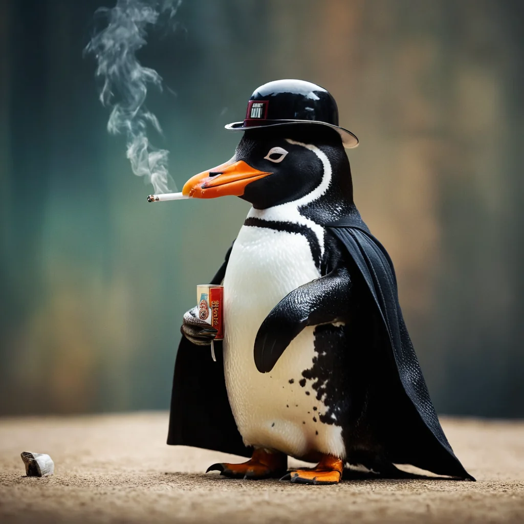 cinematic film still of <lora:add-detail-xl:1>
<lora:detailed:0.3>
<lora:perfection style:0.3>
<lora:xl_more_art-full_v1:0.3>
<lora:kafkaesque style:1>
In a surrealistic world a penguin with vader head and a cigarette in its mouth,solo,hat,standing,cape,english text , kafkaesque style, shallow depth of field, vignette, highly detailed, high budget, bokeh, cinemascope, moody, epic, gorgeous, film grain, grainy