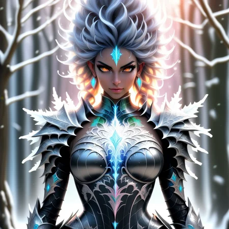leaf, artist name, tree, looking at viewer, elf, earrings, blonde hair, armored boots, blurry, blue hair, fingerless gloves, upper body, sword, straight-on, orange eyes, facial mark, magic circle, blurry background, snow, pink hair, thighhighs, gauntlets