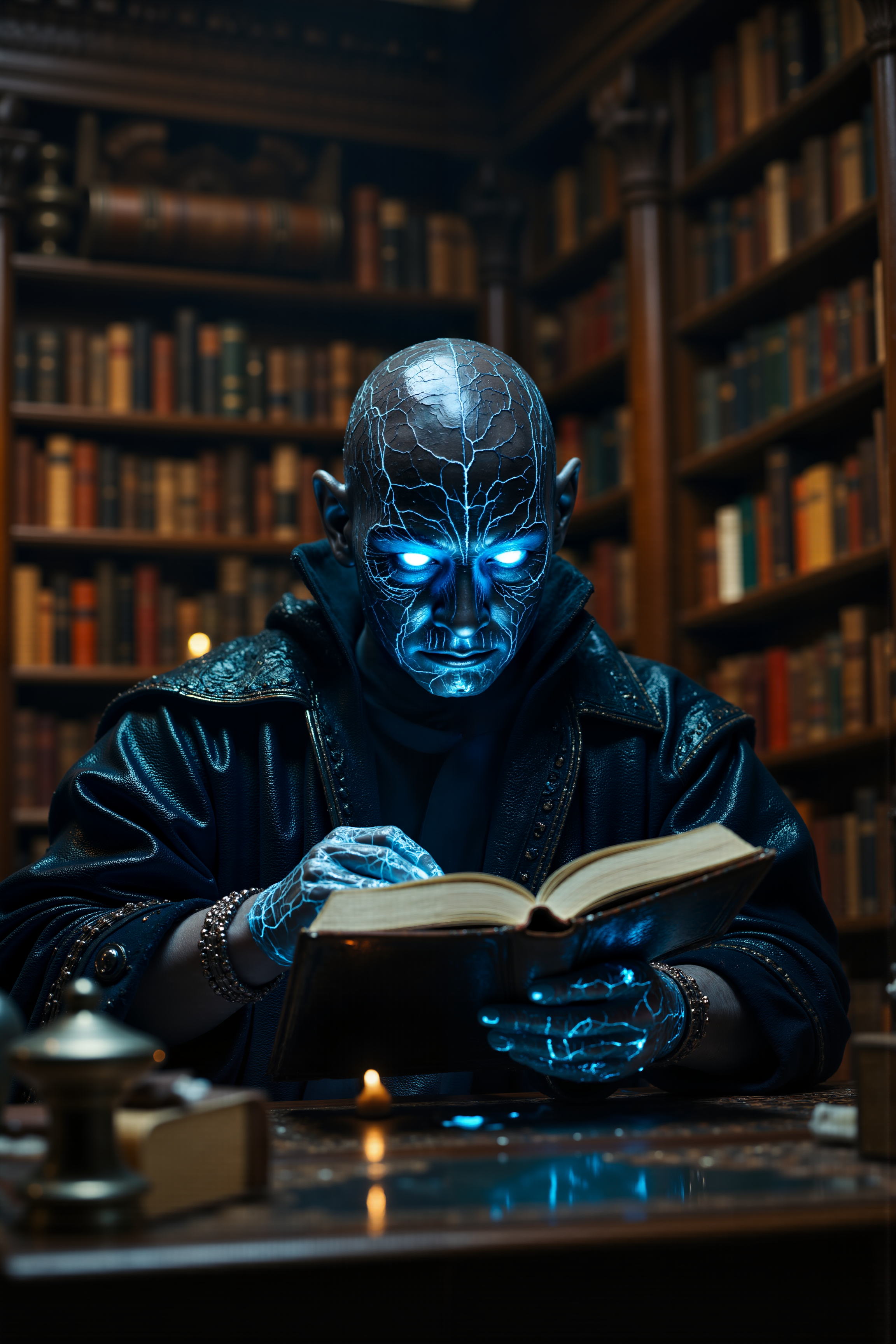 A hyper-realistic portrait, photorealistic photo close-up image of In a grand library filled with towering shelves of ancient, leather-bound books, a scholar with glowing blue eyes and softly crackling skin pores over a tome, his hands carefully turning the delicate pages. The other scholars in the room, with their parchment and quills, move in silence, their robes rustling softly as they go about their work, but they give the glowing figure a wide berth. His skin, faintly illuminated by an inner light, is too bright for the dim, candlelit room, and the gentle crackling sound of his energy disrupts the otherwise peaceful atmosphere. The knowledge in the room is vast, ancient, but the scholar knows he will never truly belong among these humans, who look at him with a mixture of awe and fear. He understands the languages of the books better than anyone else here, but his very presence is a reminder that he is something other, something unnatural. The scholars around him, with their quiet whispers and hushed movements, are a world away, even though they are in the same room.(photography, high-resolution, dynamic, energetic,hyper-realistic, dramatic lighting, shallow depth of field.), detailmaximizer, MythP0rt<lora:aidmaMJ6.1-FLUX-V0.1:0.6><lora:Movie_Portrait><lora:Flux DetailerV2>